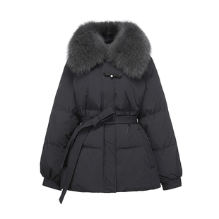大码女装2025新款冬季设计感腰带中式盘扣短款毛领加厚保暖羽绒服