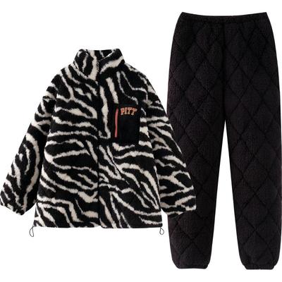 睡衣女冬珊瑚绒三层夹棉黑色豹纹