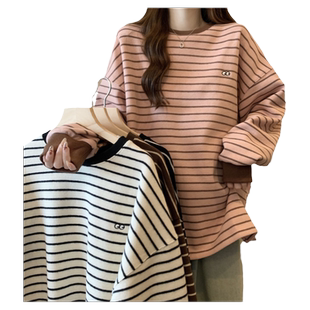 中长款条纹长袖T恤女秋冬内搭德绒保暖打底衫宽松加绒加厚上衣潮