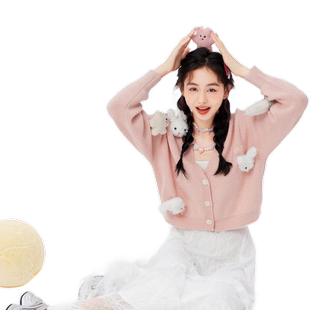 【奶噗噗IP联名】紫涵V领短款针织开衫秋季新款休闲宽松毛衣外套