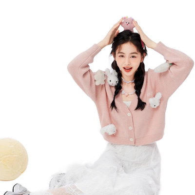 【奶噗噗IP联名】紫涵V领短款针织开衫秋季新款休闲宽松毛衣外套