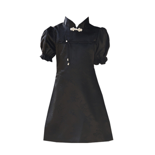 女童旗袍黑色儿童中国风洋气公主礼服裙泡泡袖夏季小孩改良连衣裙