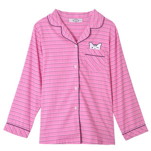 美标睡衣梭织纯棉睡衣女春秋款格子条纹翻领家居服套装女棉芭比粉