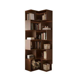 全实木定制书柜到顶墙角落地置物架深胡桃橡木转角储物柜客厅书架