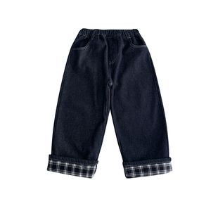 cookie kids 冬季款 中小儿童格子卷边休闲裤星星刺绣加绒牛仔裤