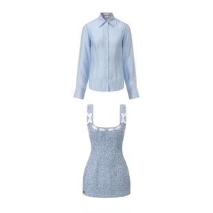 le palais vintage原创 复古芭比蓝色微透修身衬衫花尼修身连衣裙