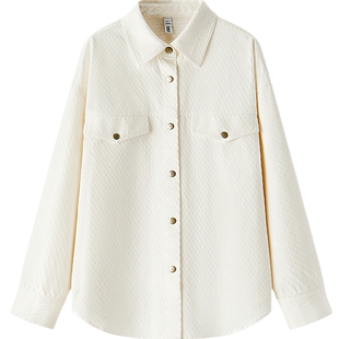 森马长袖衬衫女春中长款菱形格纯棉oversize白色提花肌理通勤衬衣