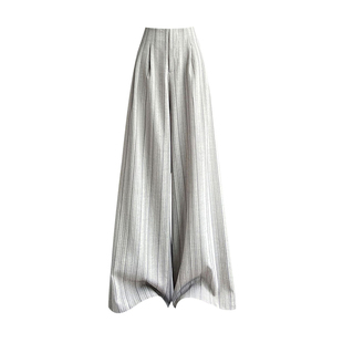 条纹亚麻西装阔腿裤女2025秋季新款设计感气质高腰显瘦百搭休闲裤