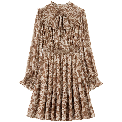 BANANA BABY2025年冬季新款印花雪纺连衣裙女系带灯笼袖显瘦短裙