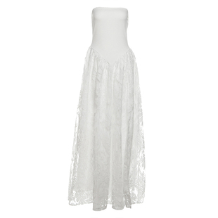 怪诞女孩 茶歇浪漫白色蕾丝拼接抹胸连衣裙女 大裙摆生日礼服长裙