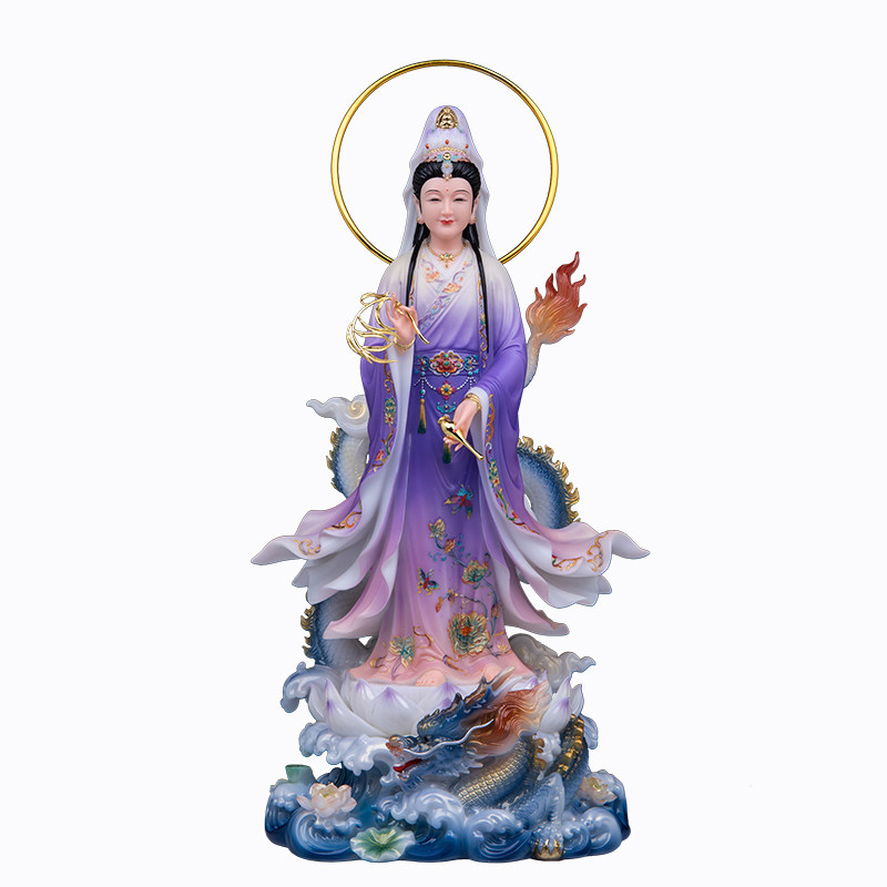 乘龙观音佛像骑龙观世音菩萨站像仿汉白玉家用供奉佛堂摆件观音像