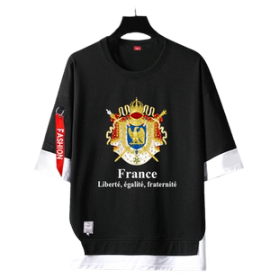 法国法兰西历代帝国标志短袖t恤衫男假两件五分袖拿破仑上衣服夏