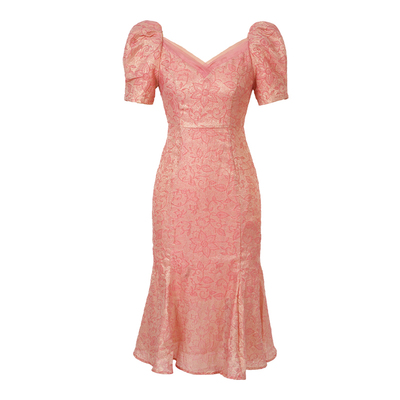 泡泡袖印花粉色连衣裙