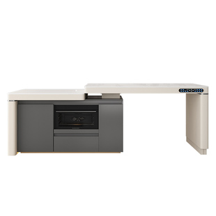 2026年新款智能齐平岛台餐桌一体升降可伸缩厨房多功能岩板中吧台