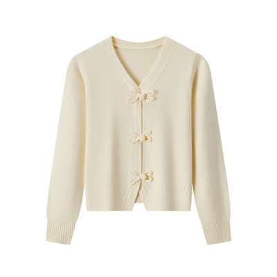 森马蝴蝶结盘扣V领针织开衫女