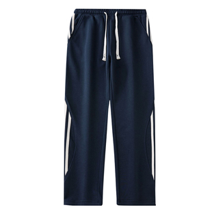 美式休闲三条杠运动裤男秋冬加绒加厚新款宽松直筒阔腿针织卫裤潮