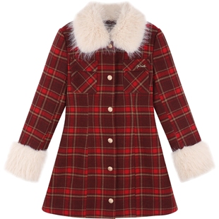 大毛领红色格子毛呢外套女中长款冬季新款学院风加厚夹棉呢子大衣