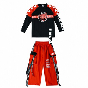 韩版少儿街舞潮男童嘻哈风hiphop演出服红色工装裤假两件卫衣套装