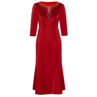 马天奴春秋款红色金葱高定连衣裙子修身钉珠礼服裙婚庆喜宴时尚