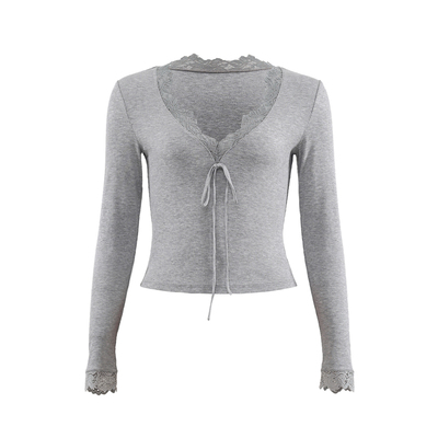 法式蕾丝v领长袖t恤上衣