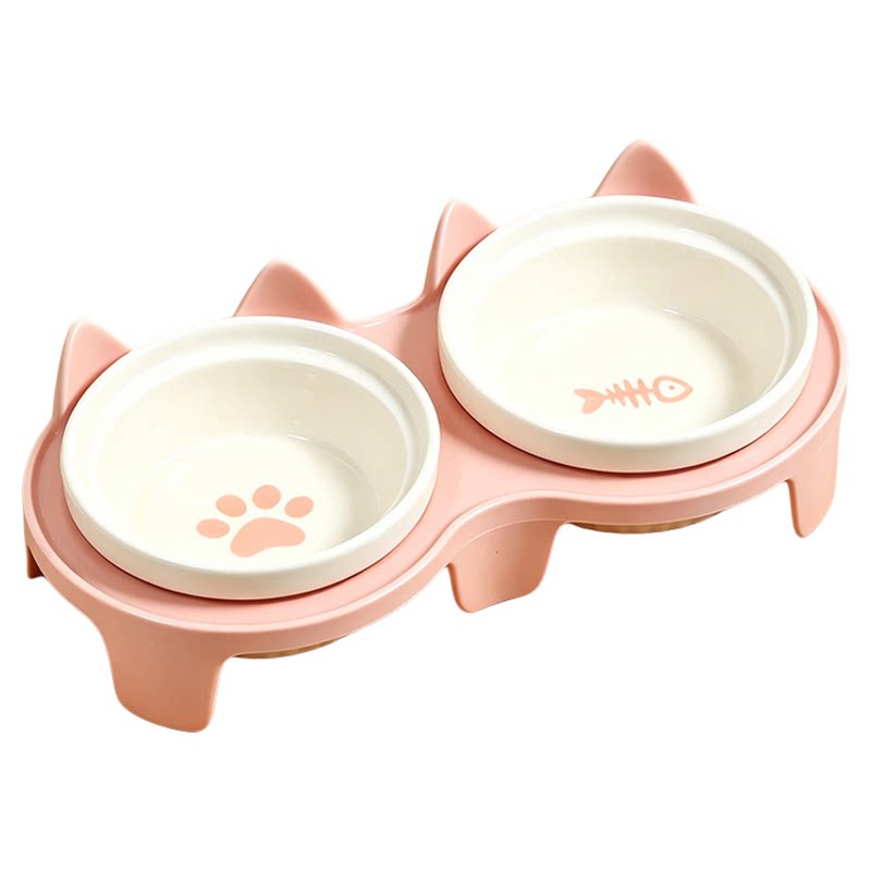 猫碗陶瓷猫食盆猫咪饭碗双碗斜口狗狗碗喝水碗保护颈椎防打翻用品