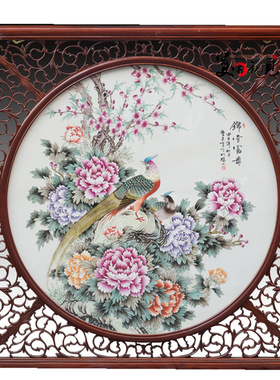 景德镇名家手绘圆形瓷板画锦堂富贵 中式客厅装饰画玄关挂画壁画