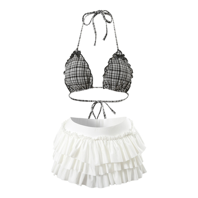 绝美性感比基尼复古格子分体