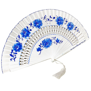 7寸大红色白色青花双面旗袍扇木扇舞台表演古典走秀西班牙咏春扇