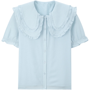 MB MindBridge夏季双层娃娃领衬衫韩系通勤上衣女士法式短袖衬衣