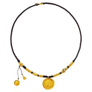 新中式民族风编织串珠金色项链女复古金币吊坠毛衣链小众百搭