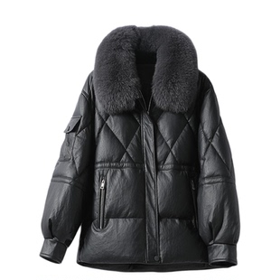 海宁皮衣女短款外套黑色韩版狐狸毛领羽绒新款白鸭绒绵羊皮女真皮