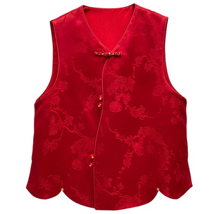 新中式国风红色精致提花马甲女盘扣坎肩复古高级感改良唐装上衣