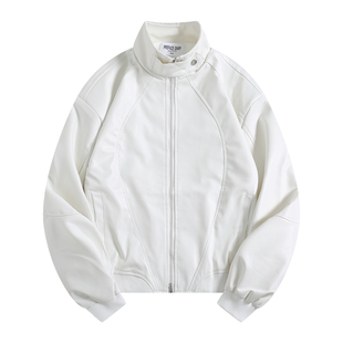 BOYUE帛跃解构立领高级感白色皮衣外套痞帅垫肩机车夹棉夹克男女