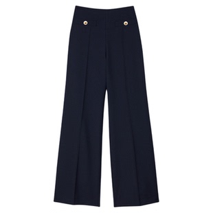 SANDRO Outlets秋冬女装法式通勤羊毛混纺深蓝色高腰阔腿西装长裤
