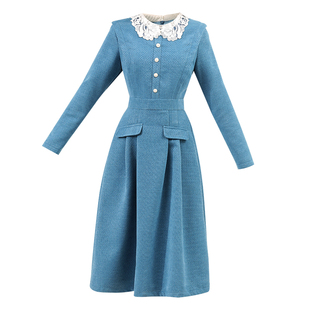 未风蓝色粗花呢连衣裙女冬2025冬季新款女装打底内搭显瘦长袖裙子