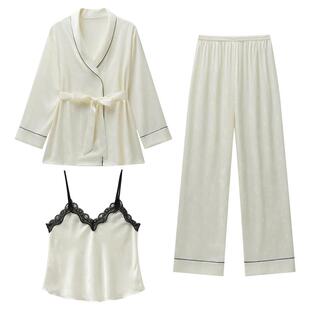 乐姿梦白色性感独特绝美仿真丝绸睡衣女款冰丝高级感吊带三件套装