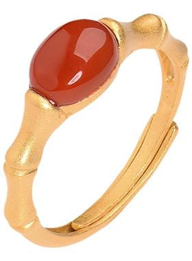 新款开口可调节 南红竹节戒指女款金色简约中国风食指指环女手饰