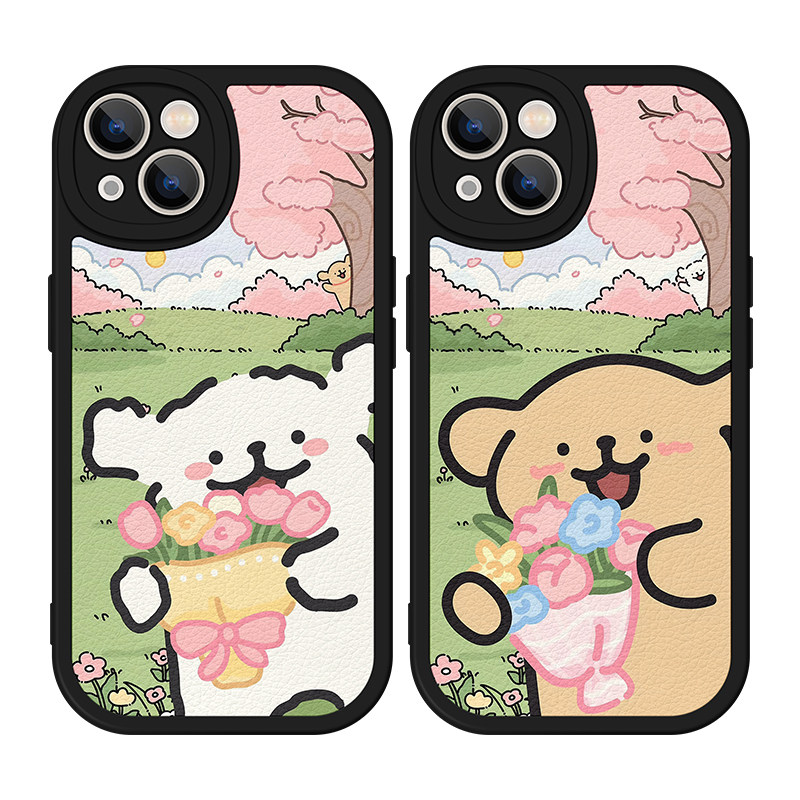 捧花线条小狗适用iPhone16pro手机壳11Promax硅胶苹果15情侣12卡通13卡通14高级华为畅享70x小清新