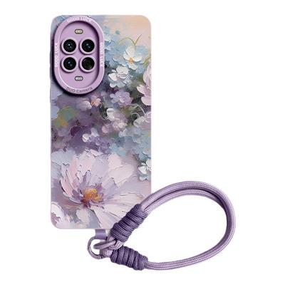 油画风绚烂花朵编制挂绳硅胶壳