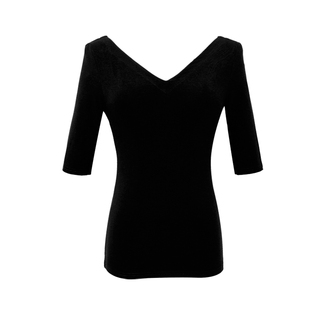 黑色中袖大v领t恤女2026新款夏薄款前后双V露背正肩修身短袖上衣