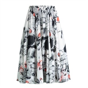 垂感雪纺半身裙中长款夏女裙子垂感水墨画花色舞裙大摆裙百搭裙