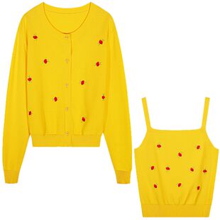 落落狷介 独特漂亮初春上衣黄色刺绣两件套针织衫开衫+吊带外搭