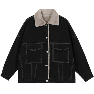 300斤特大码胖mm羊羔毛牛仔外套女韩版宽松学生黑色加绒加厚棉服