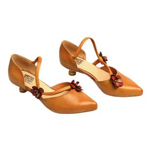 脱毒家 两行情诗/牛皮包头中跟优雅女鞋真皮复古尖头凉鞋女夏新款