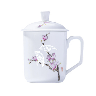 景德镇官方陶瓷玲珑办公杯家用水杯大容量高档马克杯带盖杯子送礼