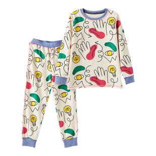 RYSONMOON童装a类家居服秋冬季男女儿童趣味手印吸湿排汗睡衣套装