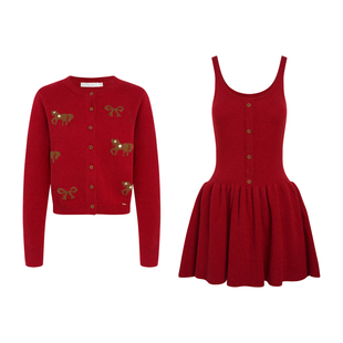 曹斐然同款 Kroche 羊毛混纺小马新年红毛衣开衫吊带针织裙套装