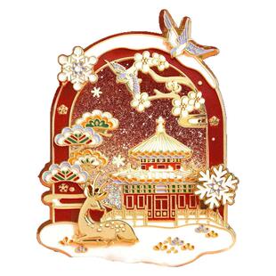 北京文创故宫的雪流沙金属冰箱贴自制梅花鹿旋转雪花纪念品伴手礼