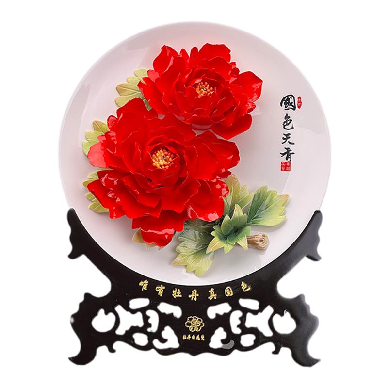 展用洛阳红牡丹瓷摆件手工花工艺品挂盘纪念品客厅博古架装饰品