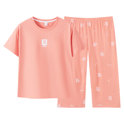 带胸垫纯棉短袖睡衣女夏季薄款七分裤全棉休闲家居服套装可外穿